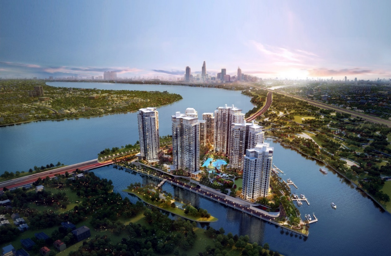 Diamond Island với tầm nh&igrave;n 360 độ hướng s&ocirc;ng v&agrave; trung t&acirc;m th&agrave;nh phố.