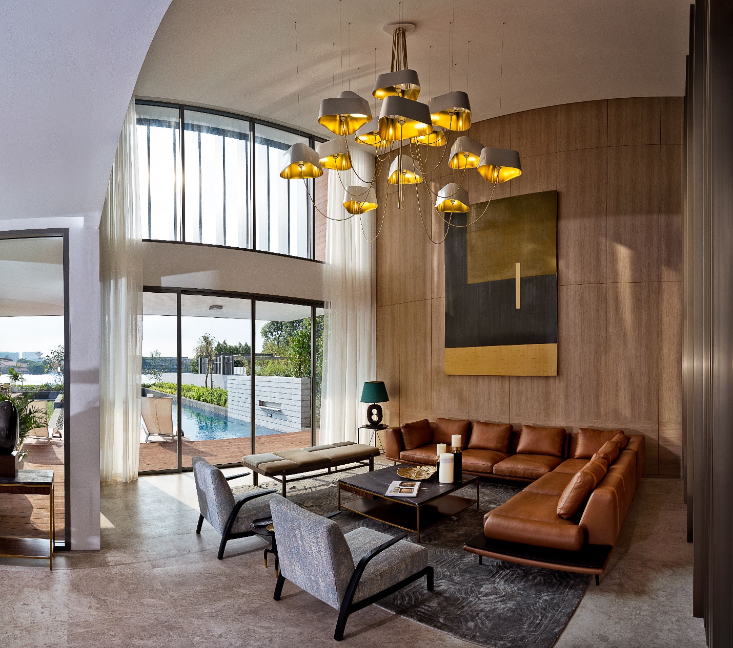 Phòng khách thông trần, không gian thoáng đạt, mở rộng tầm nhìn ra sông.