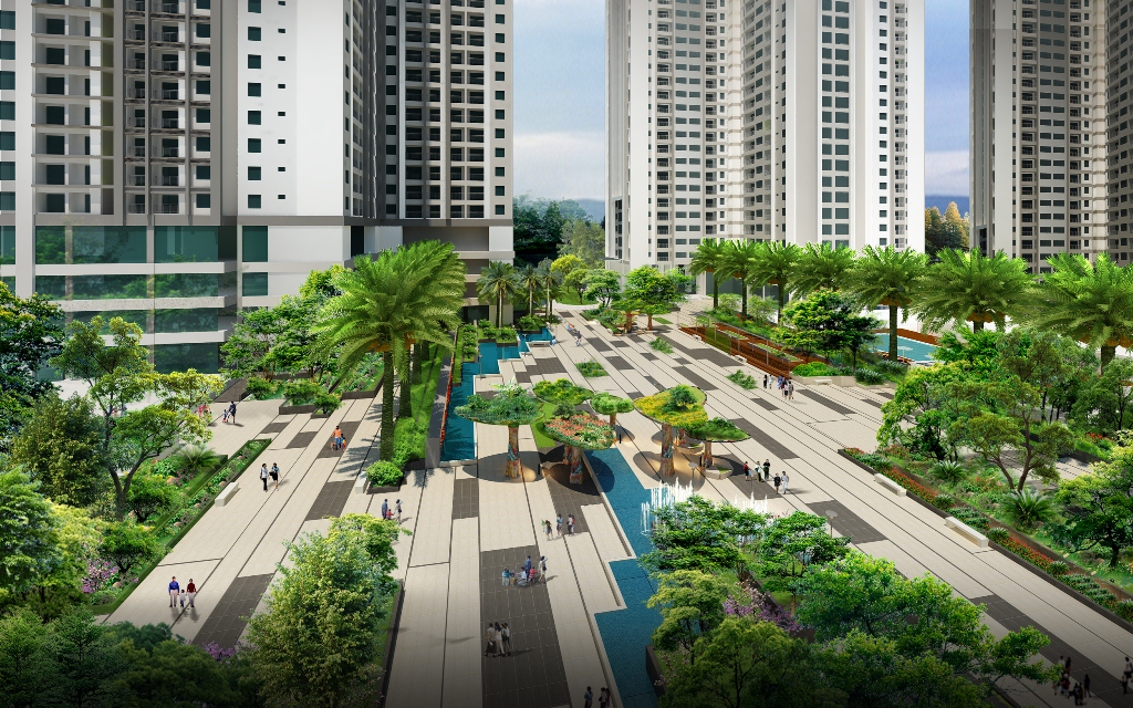 Phối cảnh quảng trường Ruby, Goldmark City – 136 Hồ Tùng Mậu, Hà Nội. Đất Xanh Miền Bắc phân phối chính thức.