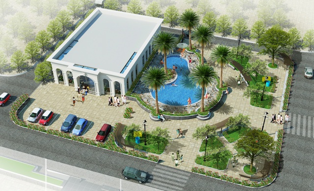 Nhà điều hành với khu tập gym và bể bơi ngoài trời hiện đại.